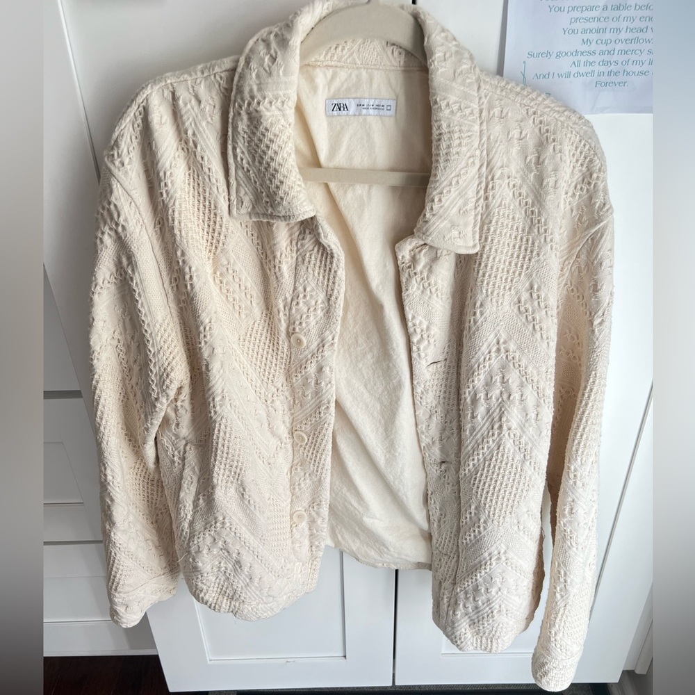 Zara Lace Woven Knit Bomber Shacket Barn Coat Oversized Ecru Textured